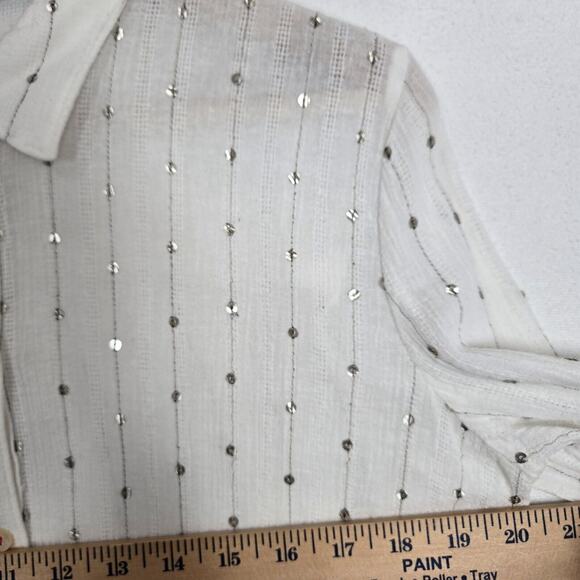 Feather Bone Gauzy Top Blouse Shirt Sz M White Sequins Accents Button Front Boho - Picture 11 of 14